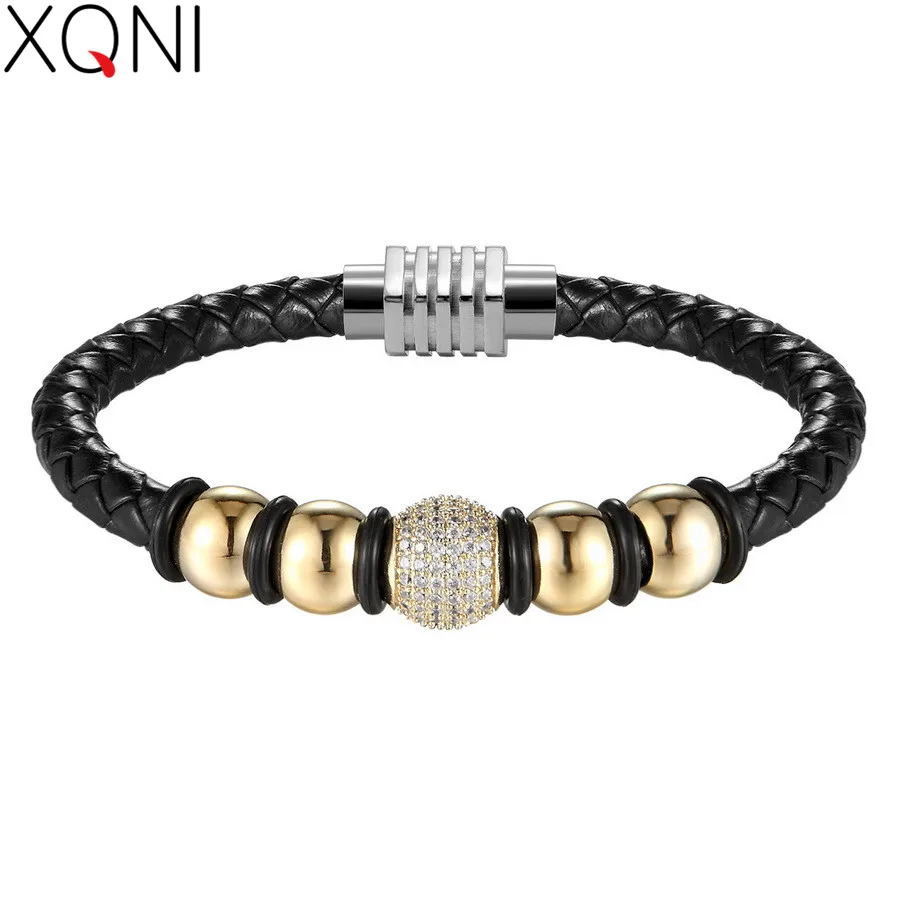 

XQNI New Design Genuine Leather 4 Colors Ball Stainless Steel Inlaid Cubic Zircon Bracelet With Velvet Bag Gift Packing Jewelry