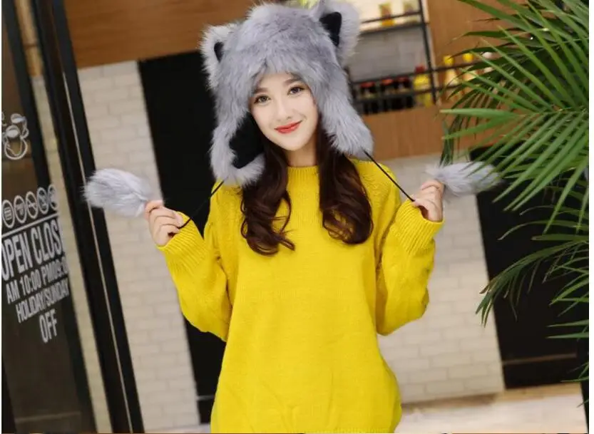 Hot selling! Winter new Women Warm Caps Fur ear Hats Girls Cartoon Novelty Caps Beanies Soft Lovely Hats