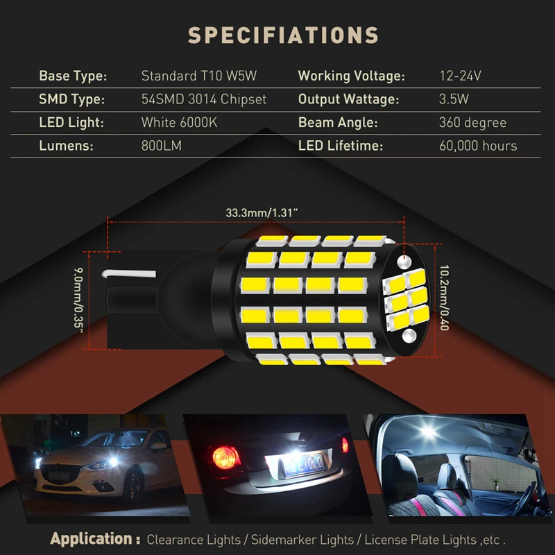 4x W5W T10 Canbus led bulb 168 194 Turn Signal License Plate Light white 6000K for Trunk Lamp Clearance Lights Reading Lamp 12V