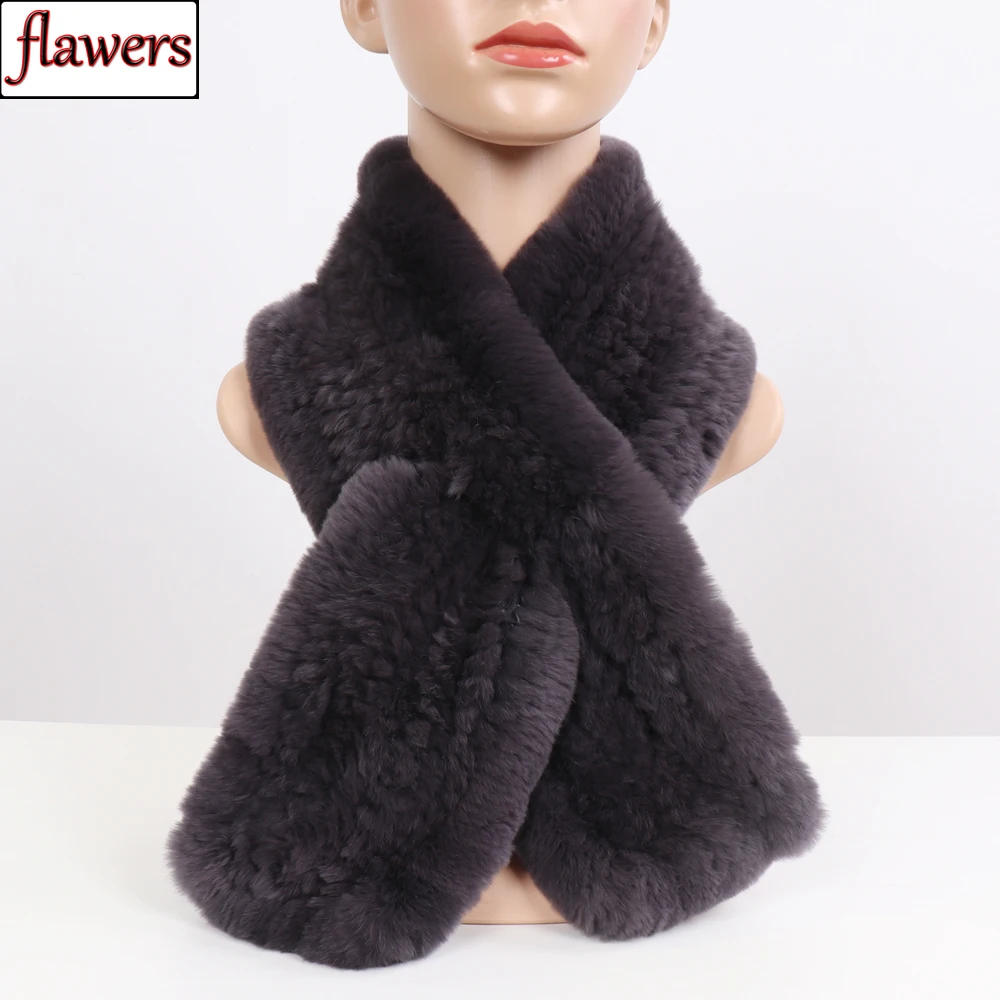 

2024 New Brand Ladies Real Rex Rabbit Fur Scarves Winter Warm 100% Natural Rex Rabbit Fur Mufflers Women Knitted Real Fur Scarf