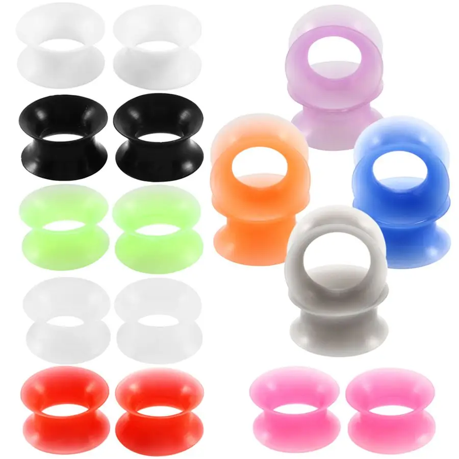 Pair Silicone Flexible Thin Double Flared Flesh Tunnel Plug Piercing Hollow Ear Gauge Expander Earlet Stretcher Piercing Jewelry