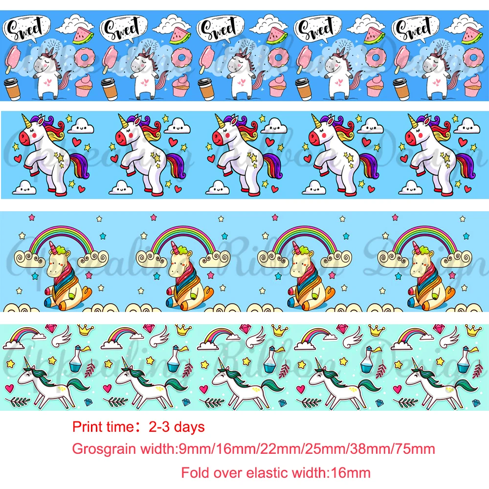 

Custom cartoon unicorn printed grosgrain foe elastic ribbon Christmas wedding decoration DIY bows materails ribbons 50 yards