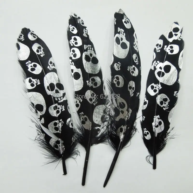 

100Pcs/lot! 14-20cm Black Goose Satinettes Feathers with Skull Print Perfect for Earrings,Bridal Table Decor&Millinery