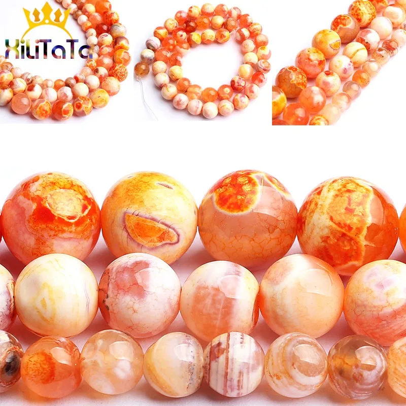Orange Fire Dragon Veins Agates Onyx Round Loose Spacer Bead For Jewelry Making 4/6/8/10/12 mm DIY Bracelet Perles 15