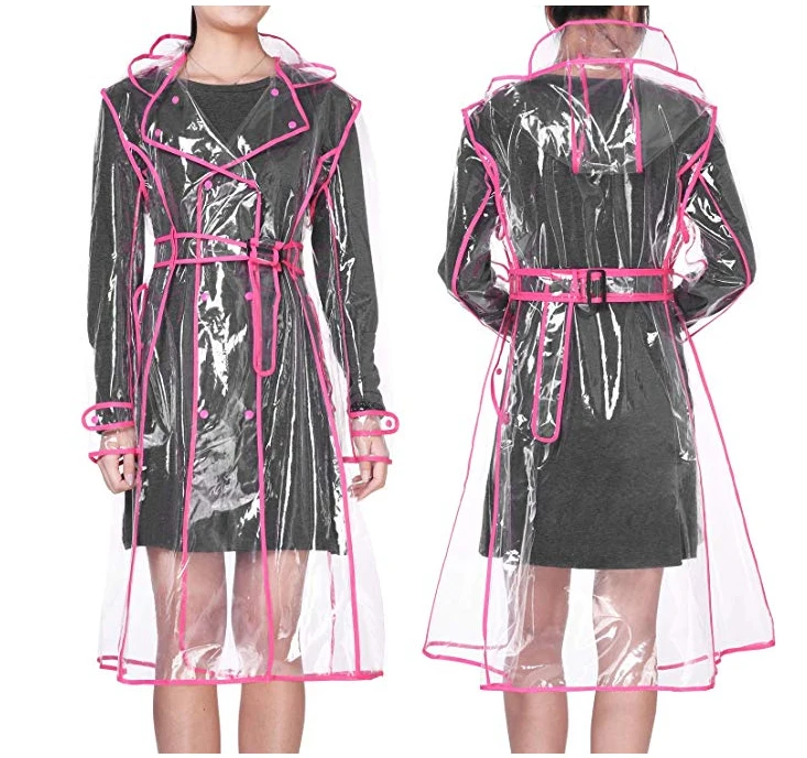 YUDING Waterproof Transparent Plastic Clear Long Ladies Raincoats Women Men Fashion Rain Coat Jackets Hooded with Belt