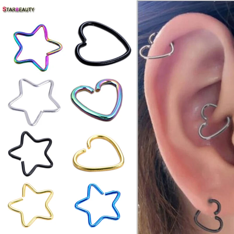 

2Pcs Heart/Star Shaped Fake Tragus Piercings Hoop Helix Cartilage Tragus Daith Ear Studs Lip Nose Rings Silver Jewelry