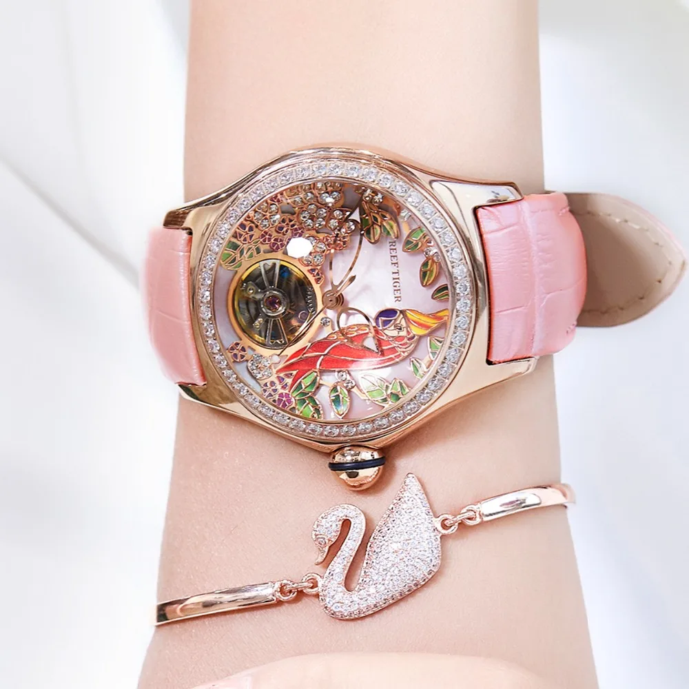 Reef Tiger/RT Womens Luxury Fashion Watches Diamond Automatic Tourbillon Watch Leather Strap Watch Relogio Feminino RGA7105