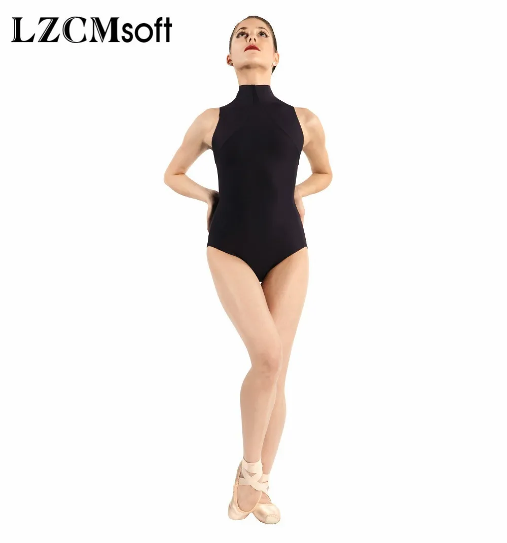 Lzcmsoft óculos de ballet feminino preto sem mangas, collant preto sensual com gola alta aberta, costas abertas, spandex, dança, palco, performance