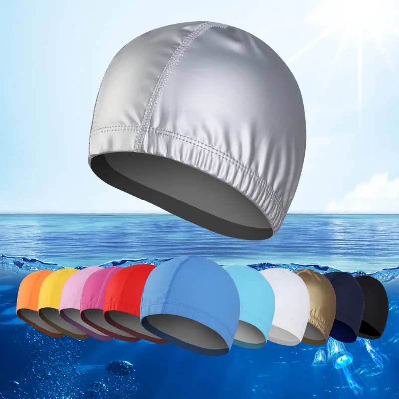 Elastic Waterproof PU Coating Swim Caps Swim Pool Unisex Swim Hats Free size Men Women Ears Protection Swimming Cap Silver Pink