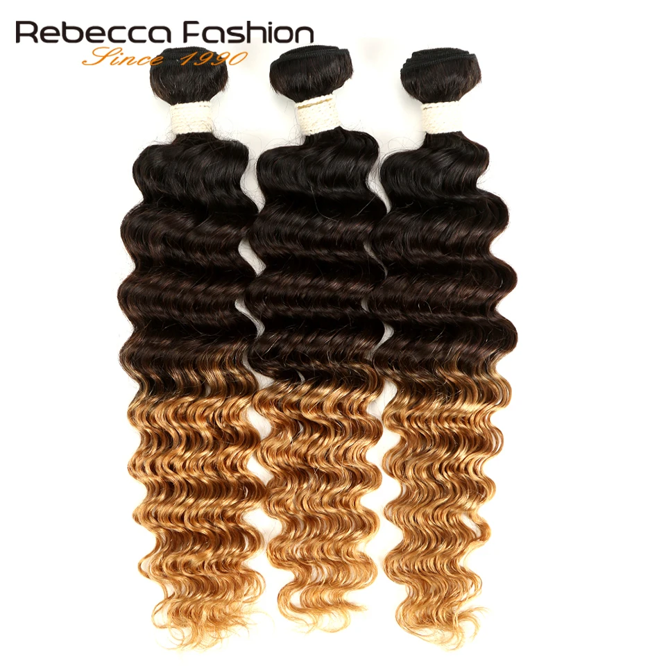 Rebecca 1/3/4 Pcs Ombre Three Tone Human Hair Bundles Remy Peruvian Deep Wave Bundles Deals Color 1B/4/27# 1B/4/30#