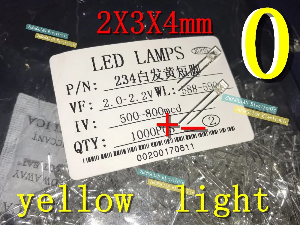 1000PCS/Lot  2x3x4mm Wide Angle Flat Top Square LED Emitting Diodes Water Clear Transparent Light Lamp Rectangle yellow