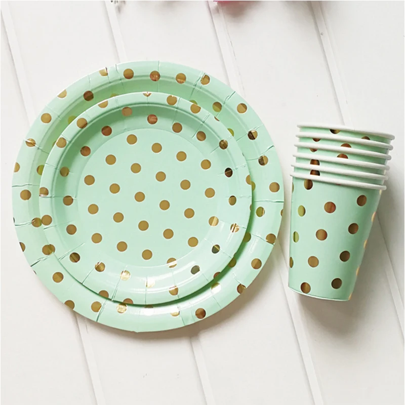 Mint Green Foil Gold Party Supplies Disposable Tableware Sets Paper Plate Cups Straws For Baby Shower Baptism Wedding Decor