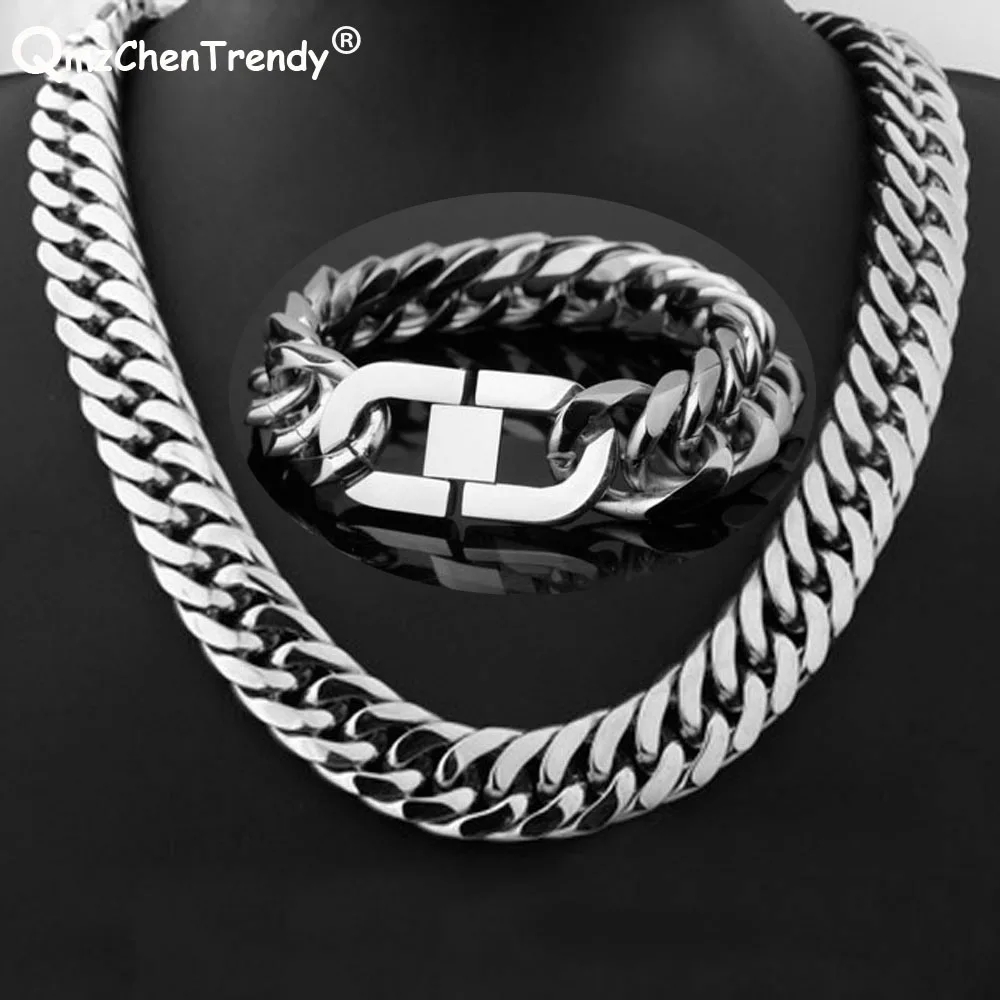 Hip hop Heavy Cuban Chain Men Necklace Bracelet Thick Stainless Steel Long Big Chunky Simple Choker Link Jewelry Sets Gift