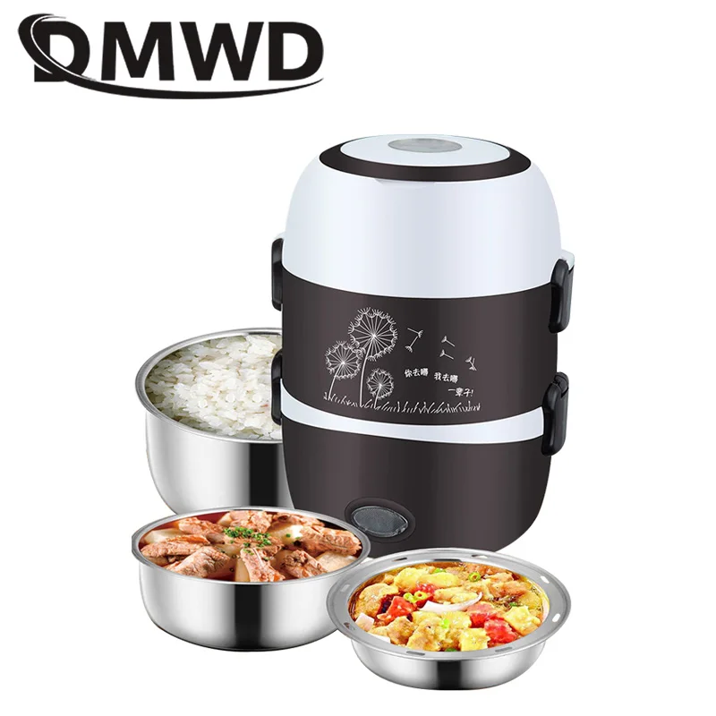 DMWD Electric Mini rice cooker 2/3 layers stainless steel liner portable egg boiler steamer food warmer lunch box multicooker 2L