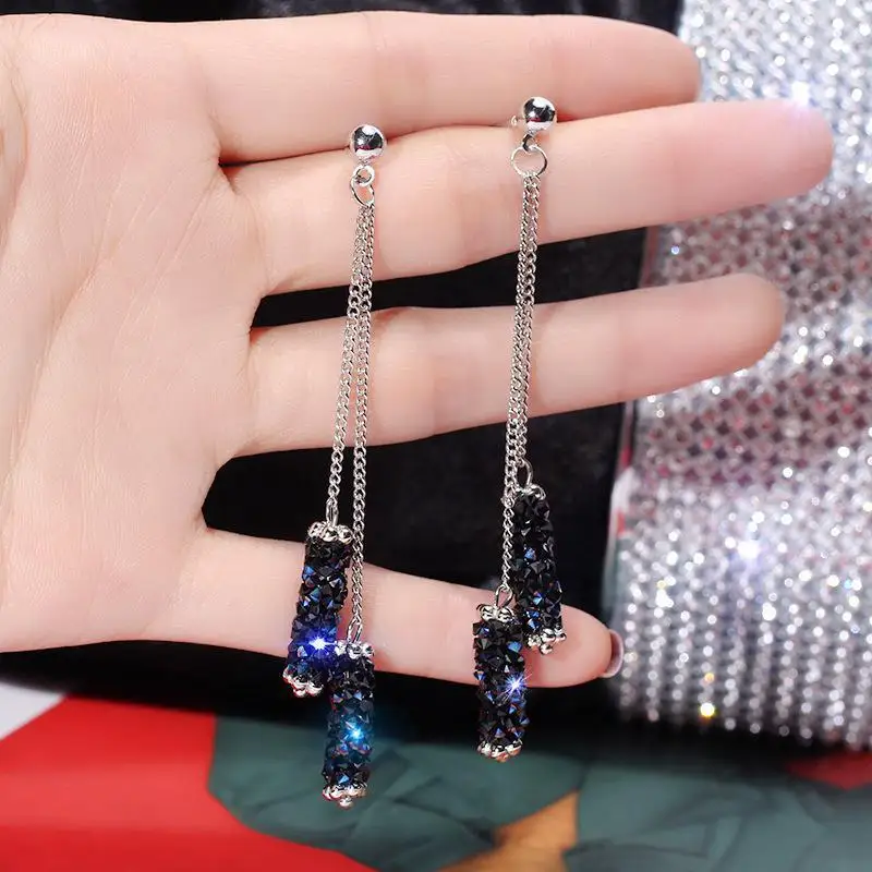 2019 New Creative Blue Rhinestone Tassel Earrings Long Geometric Earrings Women Gift Jewelry Statement Earrings Oorbellen