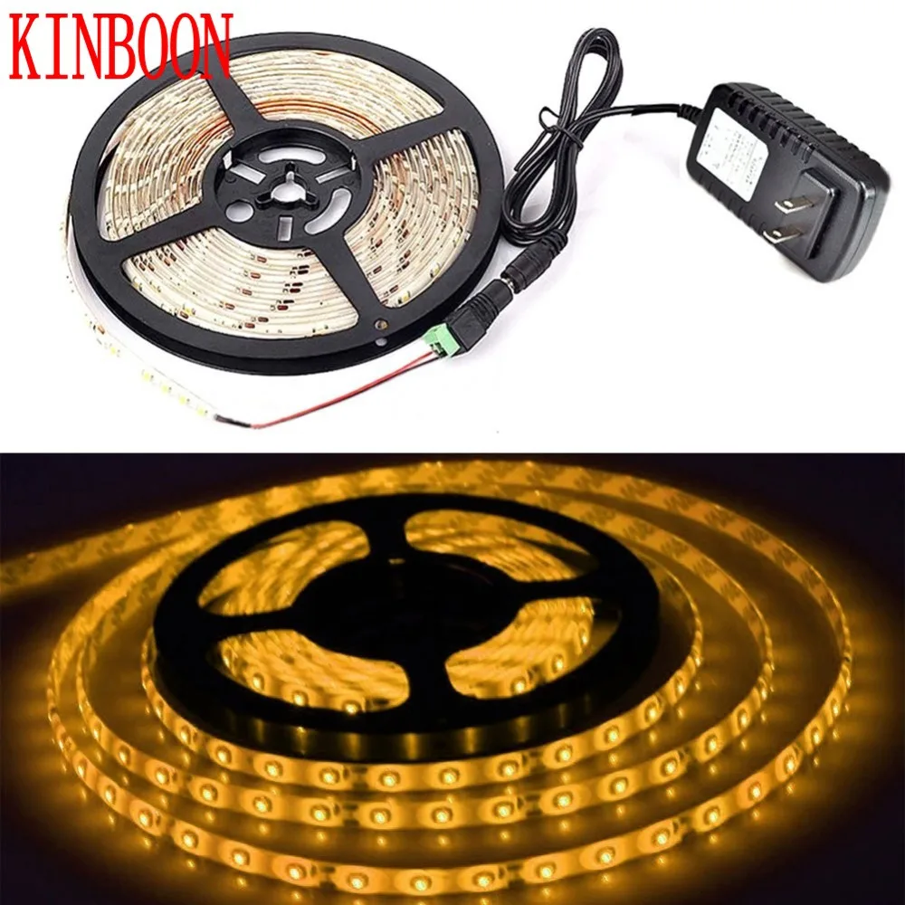 Yellow 5M 300 LED 3528 DC 12V LED Strip Non-Waterproof / Waterproof  Flexible Changeable Light+DC Female +2A Power Adapter