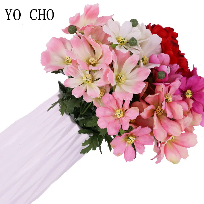 YO CHO 11 Heads Wedding Decoration Christmas Home Autumn Fake Daisy Artificial Cosmos Gerbera Bouquet Latex Real Touch Flowers