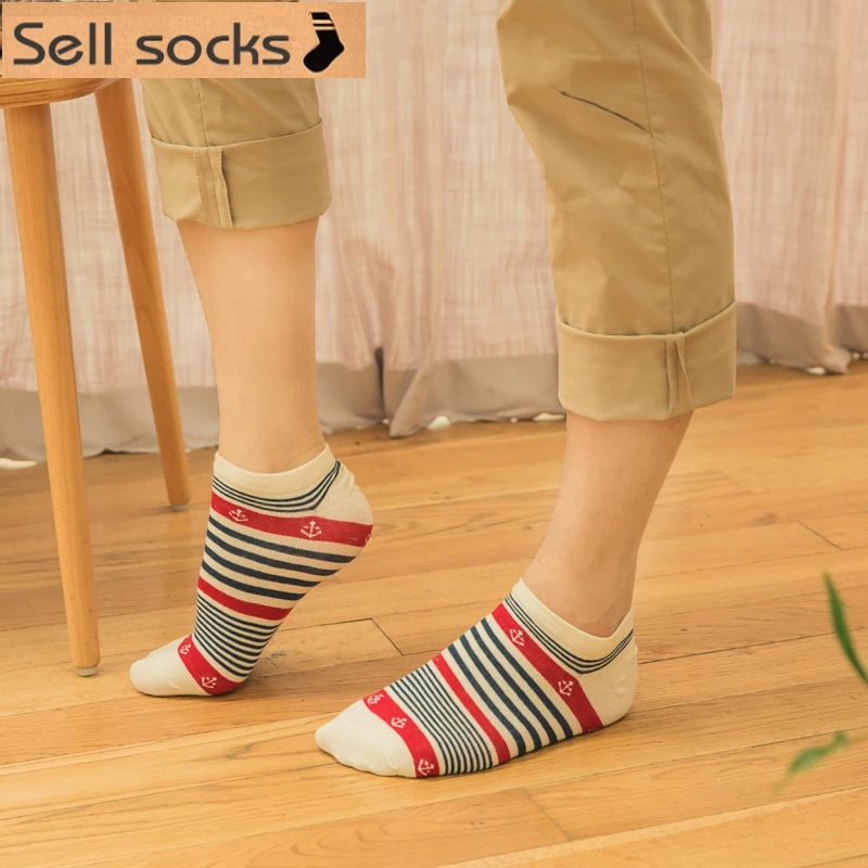 Izin! Kaus Kaki Katun Pergelangan Kaki Kasual Pria Jangkar Pelaut Garis-garis Musim Panas Baru Sandal Kaus Kaki Perahu Pria Harajuku EUR39-44