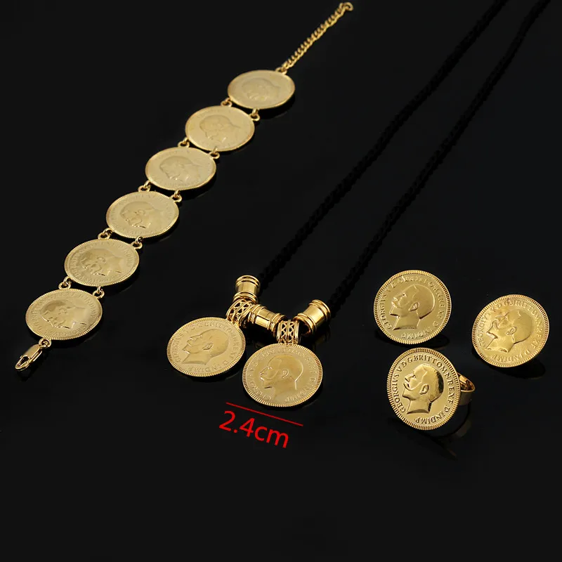 Gold Coin Ethiopian Afican Necklace Pendant Bracelet Turkey Mexico Coin Necklaces Gold Color Middle East Jewelry