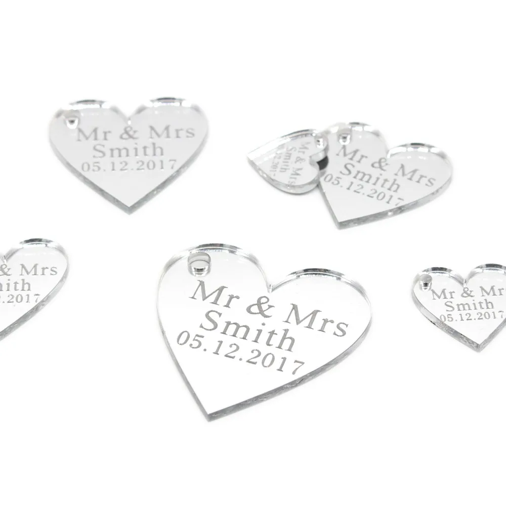 50 * Personalised Custom Wedding Wine Charm Gold / Silver Mirror / Clear / Wood Heart Label Tag Party Favors Gift Wedding Decor