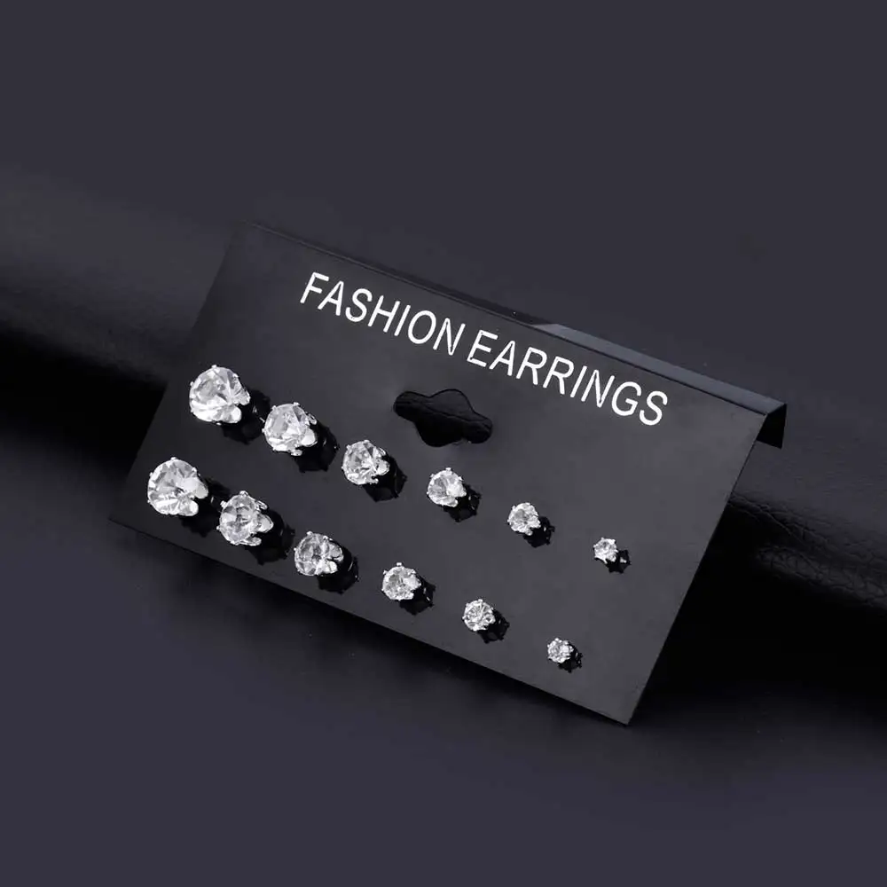 ALIUTOM Fashion 6 Pair/ set Punk Zircon Crystal Stud Earrings Set For Women Round Flower Gothic Design Brincos Jewelry Bijoux