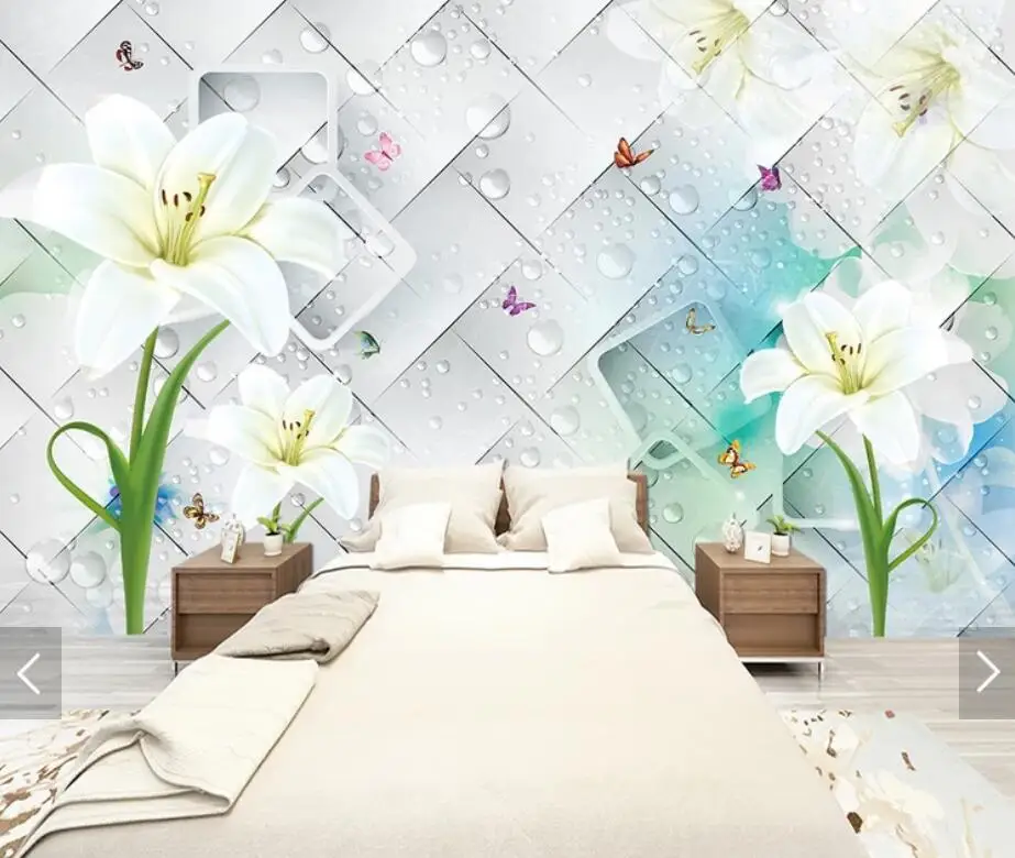 

3D Lily Flower Geometric Square Blue Wall Murals paper for Living Room Decor Papers Rolls Floral Papel De Parede