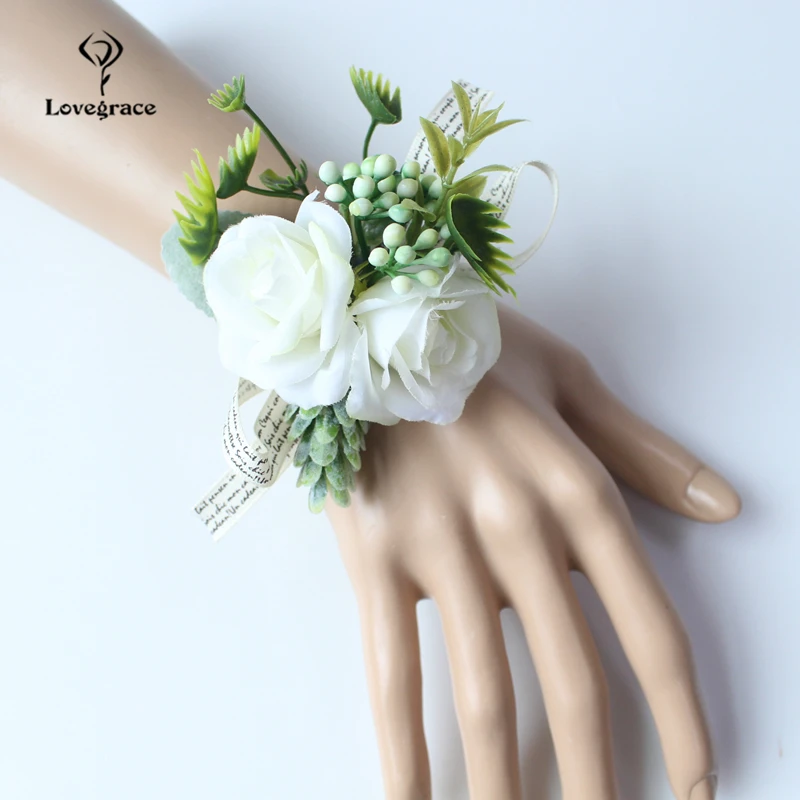 Lovegrace-pulsera elástica hecha a mano con rosas blancas, ramillete de muñeca, solapa de flores para Hermanas, damas de honor, suministros de accesorios de boda