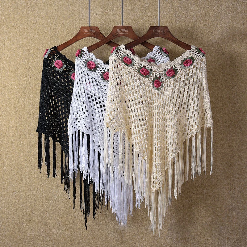 New Summer Women High-grade Crochet Hook Flower Fringed Cloak Knitting Novelty Tassel Hollow Out Female Irregular Poncho Shawl