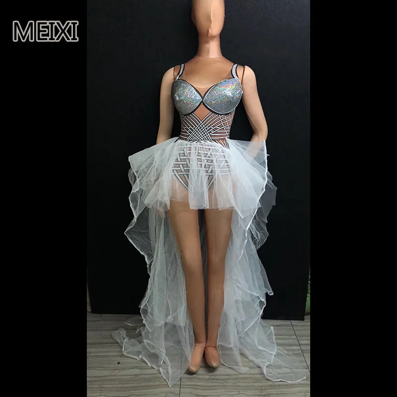 

White sexy princess tulle dress with tail length elastic dress bar nightclub concert singer dancer dress