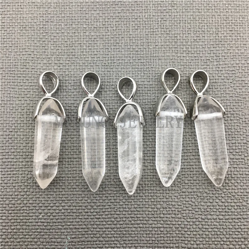 MY0291 Clear Crystal Quartz Spike Point Pendant, Natural Stone Pendant Pendulum Shape with Silver Plated Bail