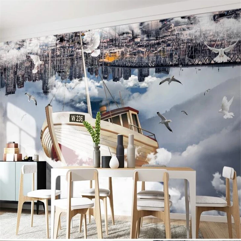 wellyu Customized large mural city building sailboat cloud sky creative 3D stereo painting TV background wallpaper