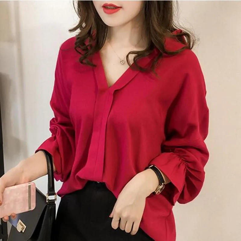 Camisa feminina chiffon plus size, blusa feminina manga comprida gola v fina cor sólida, camisas para meninas primavera h9015