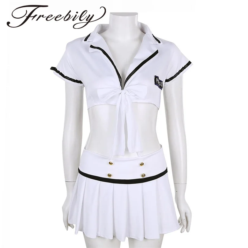 2PCS Women Lingerie Policewoman Cosplay Costume Uniform Short Sleeve Crop Top with Pleated Mini Skirt Sexy Role Play Costume Set