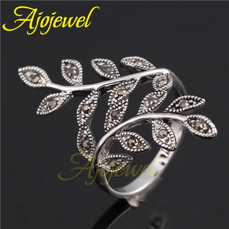 Ajojewel Women\'s Black Rhinestone Antique Leaf Ring Size 6-10 Hot Selling Vintage Female Jewelry Wholesale