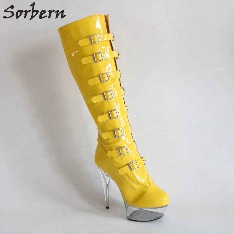 

Sorbern Bright Yellow Women Boots Knee High Perspex Heels Ladies Boots Custom Colors Fashion Stretch Boots Custom Leg Calf Size