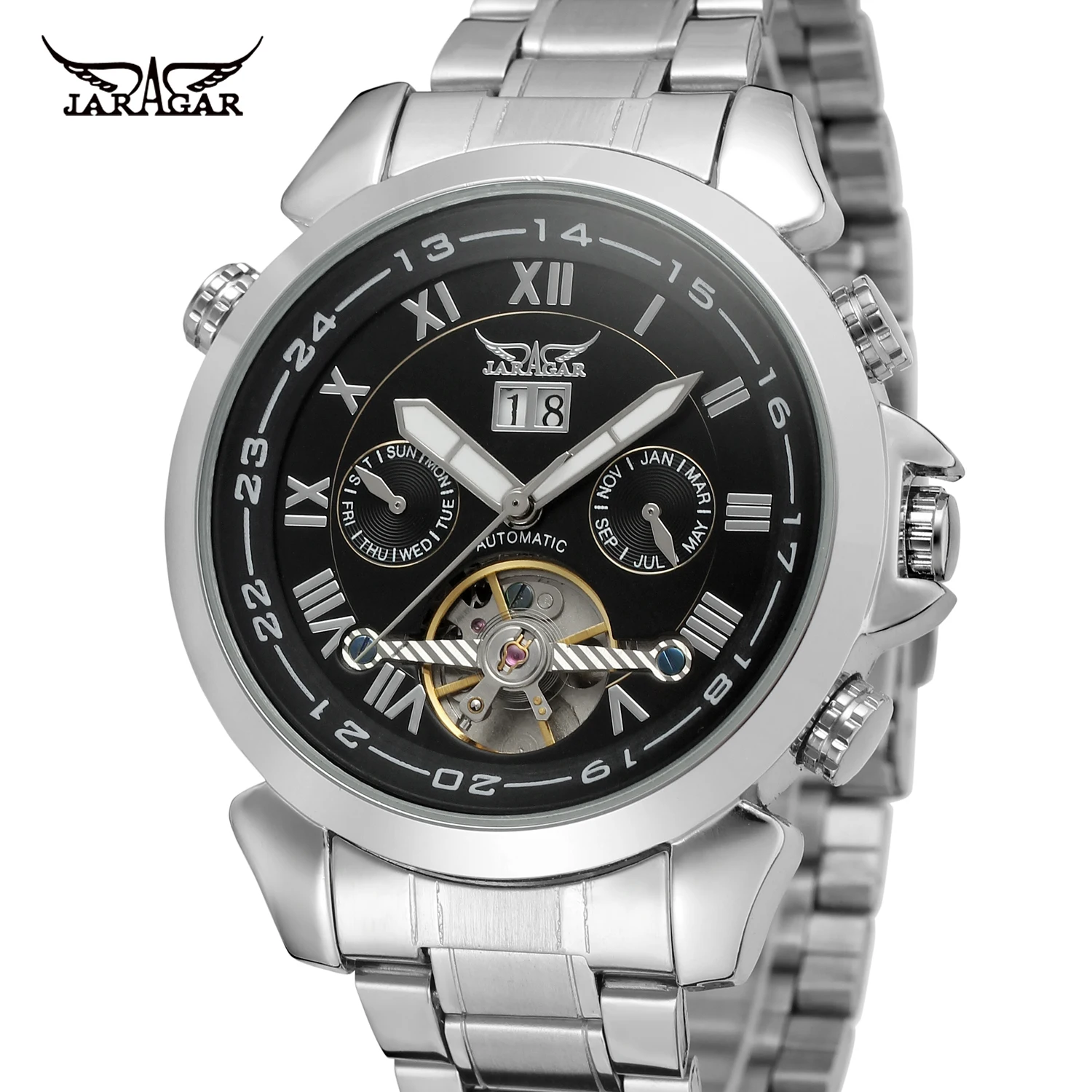 Jaragar Top Brand Aviator Series Silver Full Stainless Steel Toubillion Design Scale Dial Men Luxury Automatic Army Sports Watch