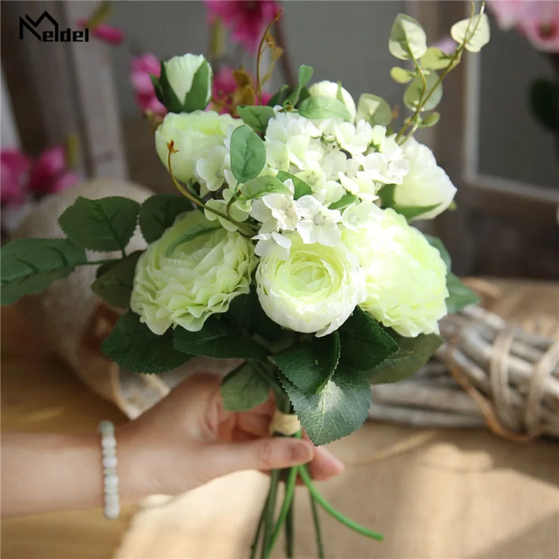 Meldel Wedding Bouquet เจ้าสาว Bridesmaids ช่อแชมเปญแต่งงานผ้าไหมประดิษฐ์ Rose Home Decor อุปกรณ์จัดงานแต่งงาน