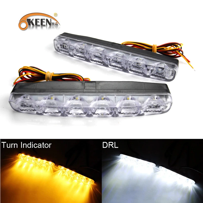 OKEEN 2pcs 12v 6 LED Daytime Running Light Waterproof Universal DRL Kit Day Light Auto Driving Light External Light White Amber