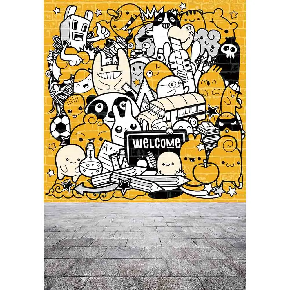 Allenjoy photography backdrops Graffiti wall welcome back school cartoon animal gray brick floor student photo background