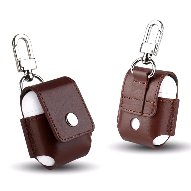 Funda protectora para auriculares inalámbricos Air Pods, funda de cuero PU con soporte, fundas de carga con gancho para Apple AirPods