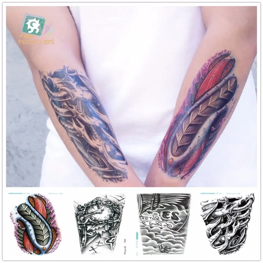 Rocooart Mechanical Arms Fake Tattoo Red Eye Taty Body Art Waterproof Temporary Tattoo Sticker Gear Box Section Tatuajes Azrael