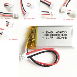 3.7V 250mAh 402035 litowo-polimerowa LiPo akumulator + JST 1.0/1.25/1.5/2.0/2.5mm 3pin do ręcznego GPS Mp3 Bluetooth