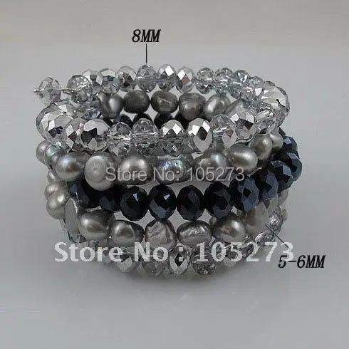 Charming!5rows bracelet Gray color Genuine freshwater pearl & blue gray  crystal bracelet size:7-8mm free shipping A2291