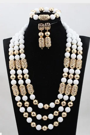 

2018Chunky Statement Necklace Set Charms White Beaded African Jewelry Sets Nigerian Wedding Costume Jewelry Set for Women ABH774