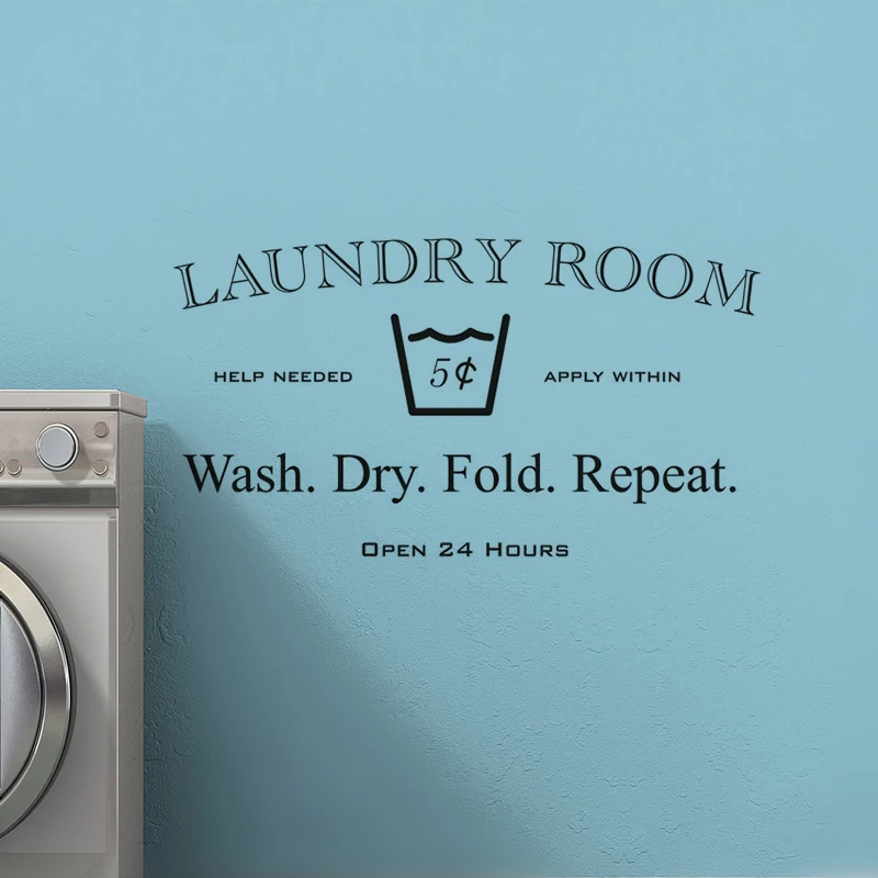 Open 24 Hours Laundry Room Sign Wall Sticker Vinyl Laundry Self-service Wall Decal Wash Dry Fold Repeat Quote Poster Art AZ680