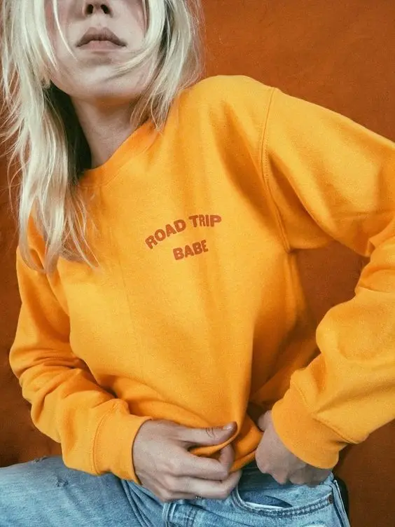 Sugarbaby Road Trip Babe Yellow Jumper Crewneck Fashion Sweatshirt Long Sleeve Casual Tops Harajuku Top Girl Like Yellow Outfits