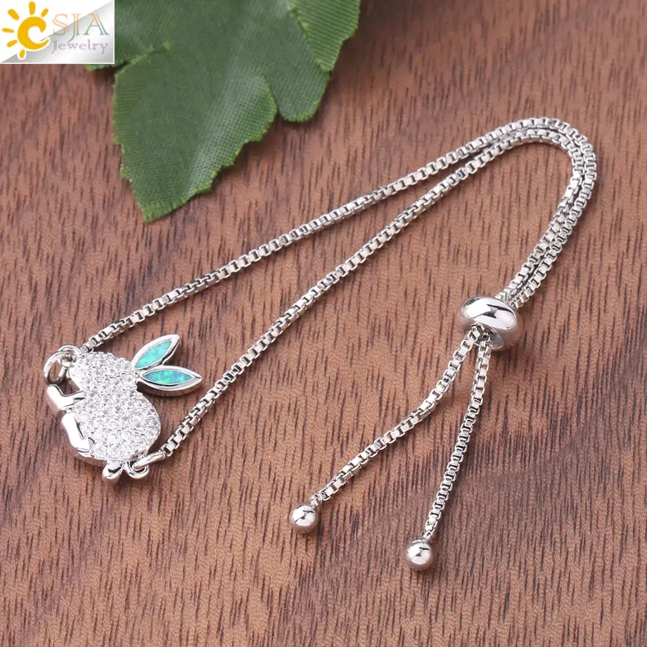 CSJA Lovely Rabbit Bracelet Luxury Bunny Bracelets Fire Opal Zircon Thin Link Rose Gold Color Wrist Chain for Women Girl G074