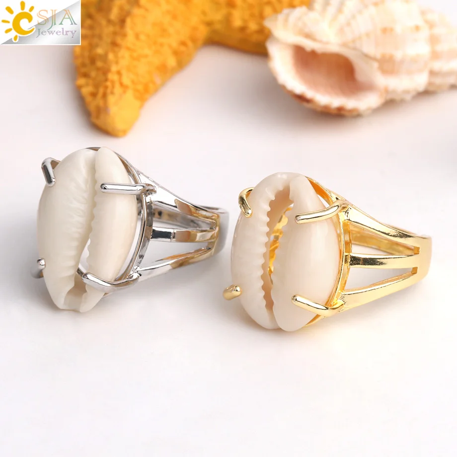 CSJA Natural White Conch Ring for Women Men Seashell Finger Rings Adjustable Silver Color Summer Beach Party Jewellery G057