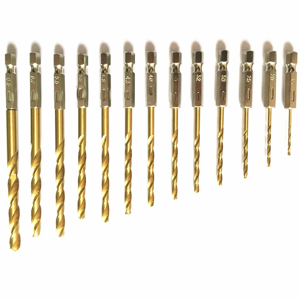 13pcs/set HSS High Speed Steel Titanium Coated Drill Bit Set 1/4 Hex Shank 1.5-6.5mm Screwdriver Twist Drill Bit