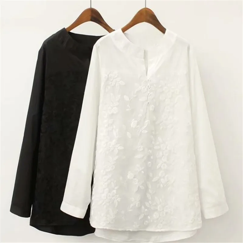 2022 Spring Plus Size Clothing White Lace Pullover Basic Shirt Women Top Medium Long Loose Shirts Blouses Female Blusas XXXL 4XL